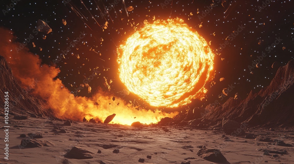 Poster science fiction visualization of a meteor crash on a planet in a 3d cartoon rendering