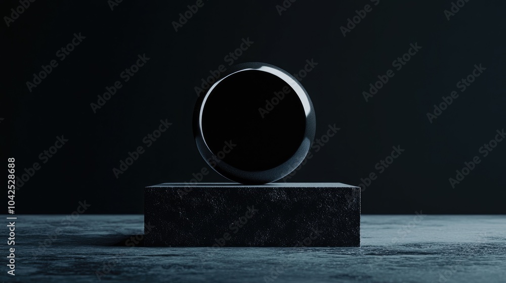 Poster abstract item displayed on a metallic square stand with a round base set against a dark background b