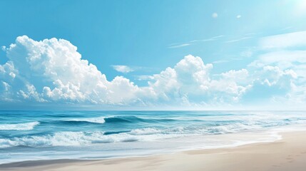 Obraz premium A tranquil beach scene with white sand, blue water and fluffy clouds in a bright blue sky.