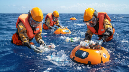 Ocean cleanup robots gathering plastic waste in ocean, showcasing innovation and teamwork