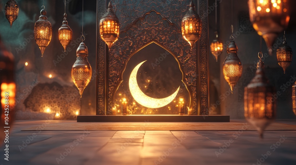 Poster ramadan themed display podium background featuring a 3d rendering of an arabian lantern and a cresce