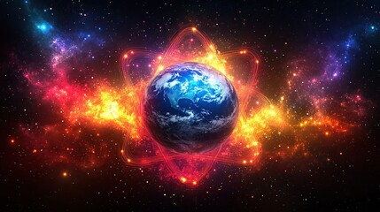 Obraz premium A vibrant, abstract representation of Earth with a glowing atom symbol in space.