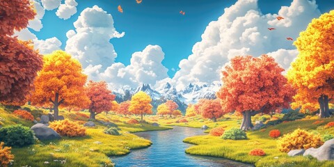 Naklejka premium Stunning landscape showcasing natural beauty and vibrant colors in a serene wilderness setting, Vibrant landscape capturing natural beauty in a peaceful outdoor environment