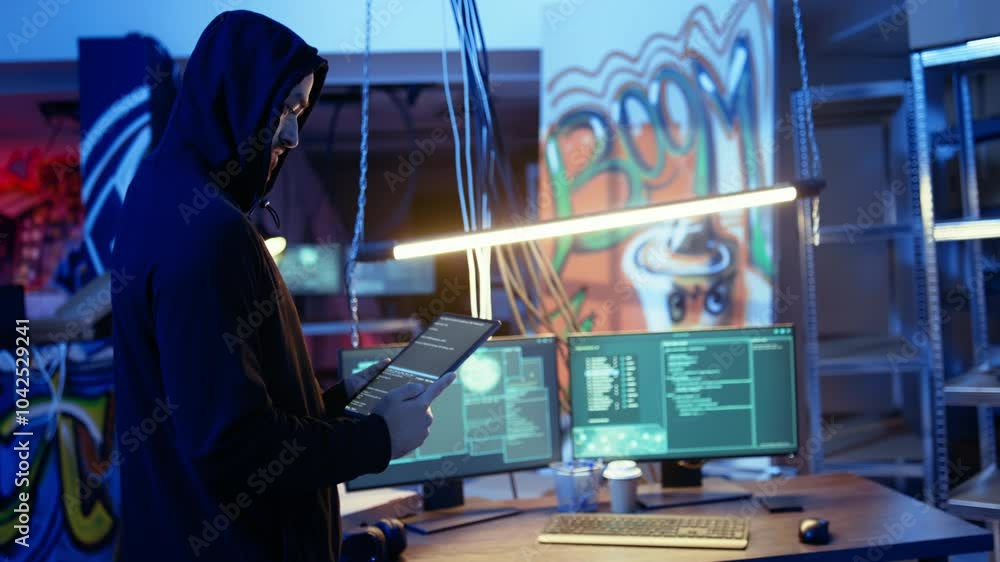 Poster lone wolf hacker in neon lit secret hideout trying to hide his online activity after stealing data f