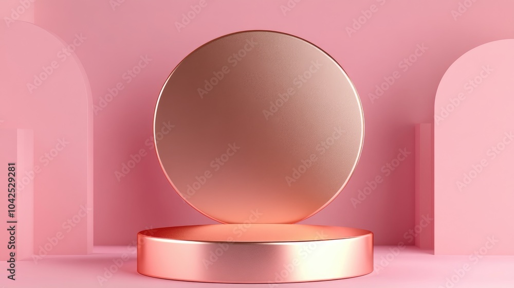 Poster pink gold cylindrical podium in a 3d abstract setting serving as an empty backdrop for product prese