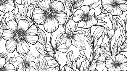 Seamless floral background pattern featuring whimsical flowers and leaves in line art style reminiscent of embroidery presented as a 2D cartoon illustration