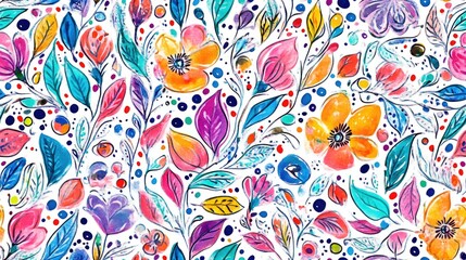 Fototapeta premium Hand painted abstract watercolor doodle sketch featuring a repeating pattern of ethnic flowers leaves and dots on an isolated background