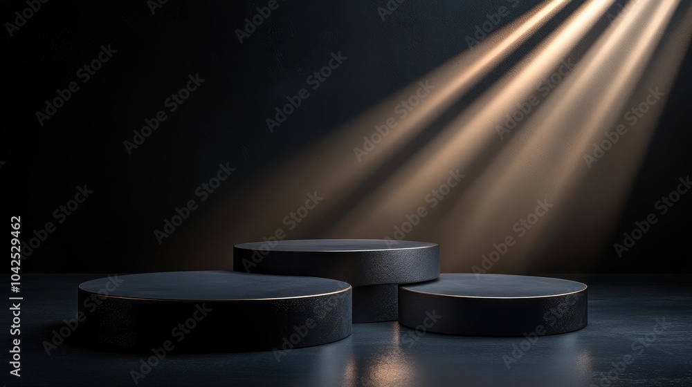 Sticker Black cylindrical podiums illuminated by beams of light in a dark setting featuring geometric round pedestals suitable for showcasing cosmetics with ample copy space for advertising and product di