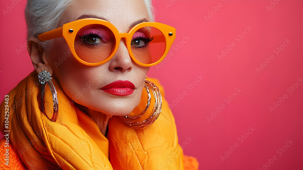 Wall mural A stylish older woman with vibrant accessories against a pink backdrop.