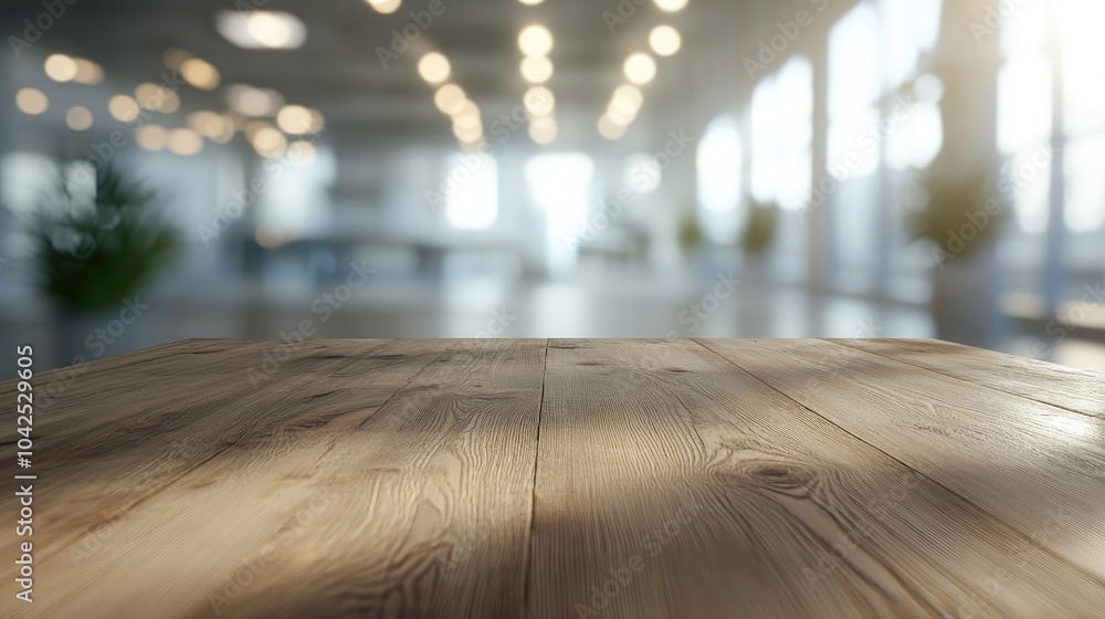 Poster 3d rendering of a wood tabletop in a blurred empty office space with abstract light bokeh in the bac