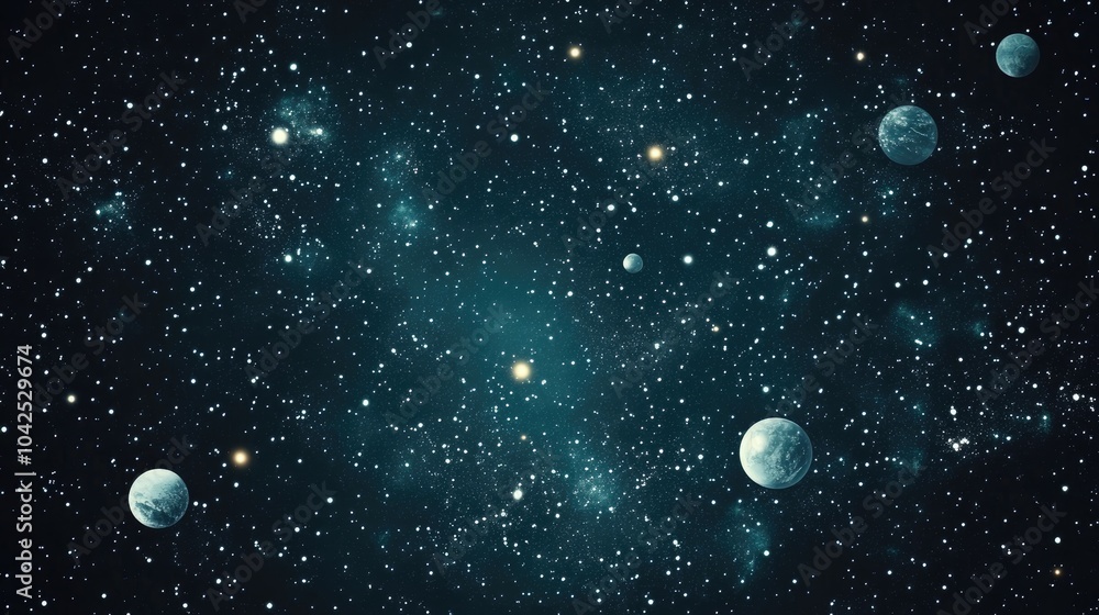Poster 2d illustration featuring a realistic star pattern set in deep interstellar space with stars planets