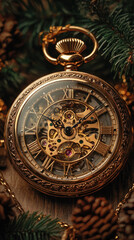 A gold pocket watch with roman numerals on the face. The hands are set at 3:10