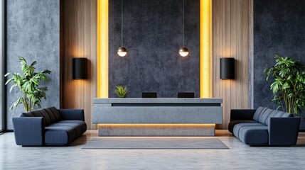 A luxurious and comfortable reception area featuring couches a concrete desk and wooden panels designed with ample lighting 3D rendering
