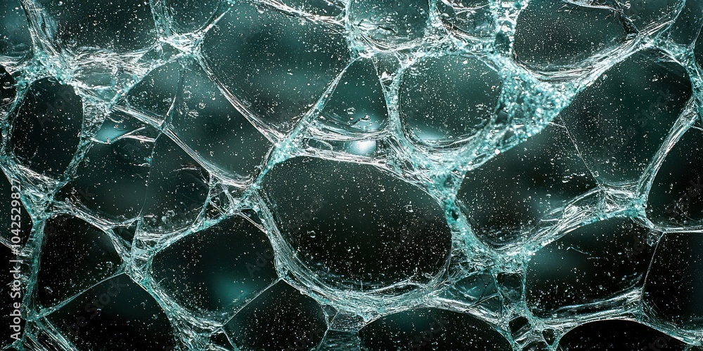Poster abstract close-up of cracked and fragmented transparent material with light reflecting off its surfa