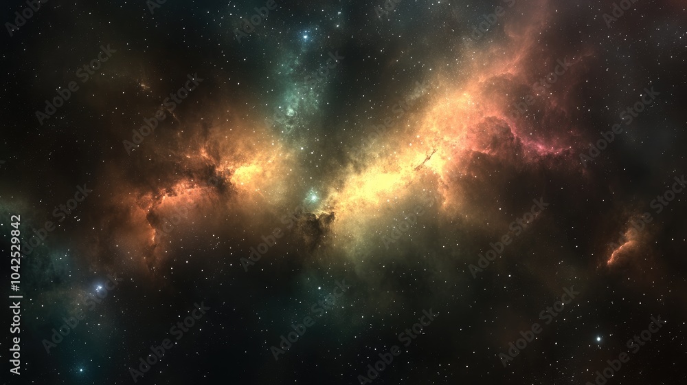 Poster colorful nebula in a galaxy space depicted in a 3d cartoon rendering creating a sci fi background of