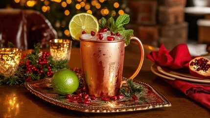 Holiday Moscow Mule in Copper Mug with Garnishes