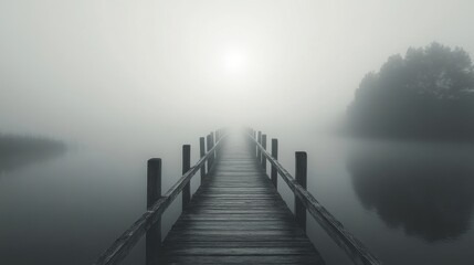 Wooden Bridge Leading Into a Foggy Landscape