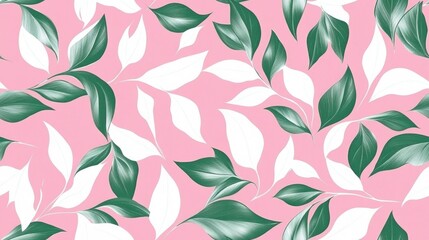 Pink Seamless Abstract Decorative Pattern with White Endless Bloom Seamless Wallpaper Featuring Green Repetitive Fashion Plant Design