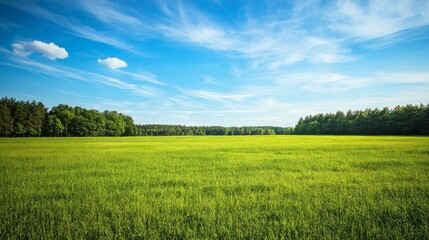 A vast green field extends towards a distant forest line under a blue sky with fluffy clouds.