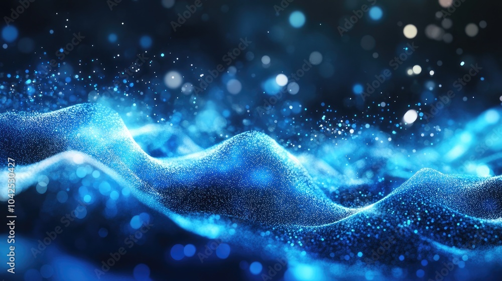 Poster glowing blue energy waves with a magical high tech digital effect featuring iridescent light rays an