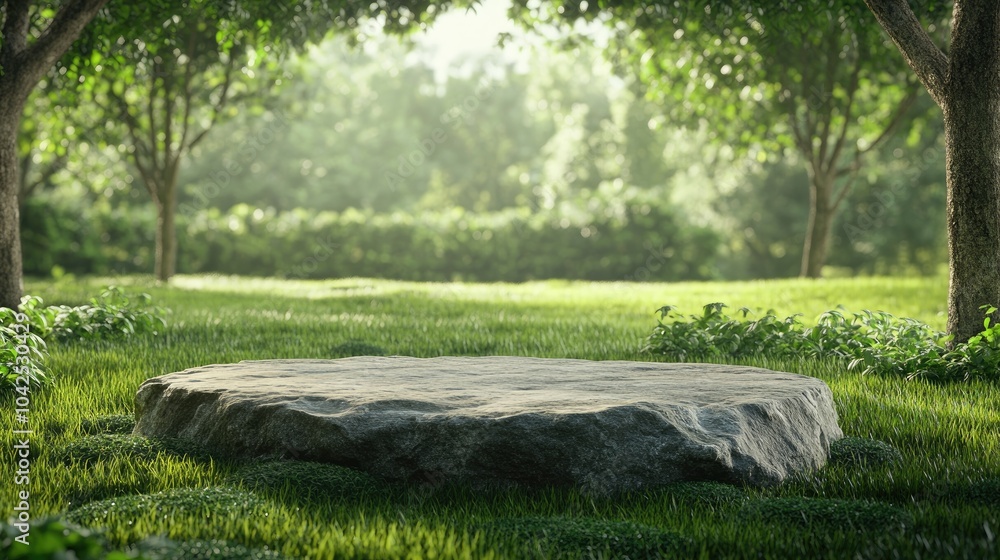 Poster realistic 3d illustration of a flat rock podium on lush green grass surrounded by trees with a soft 