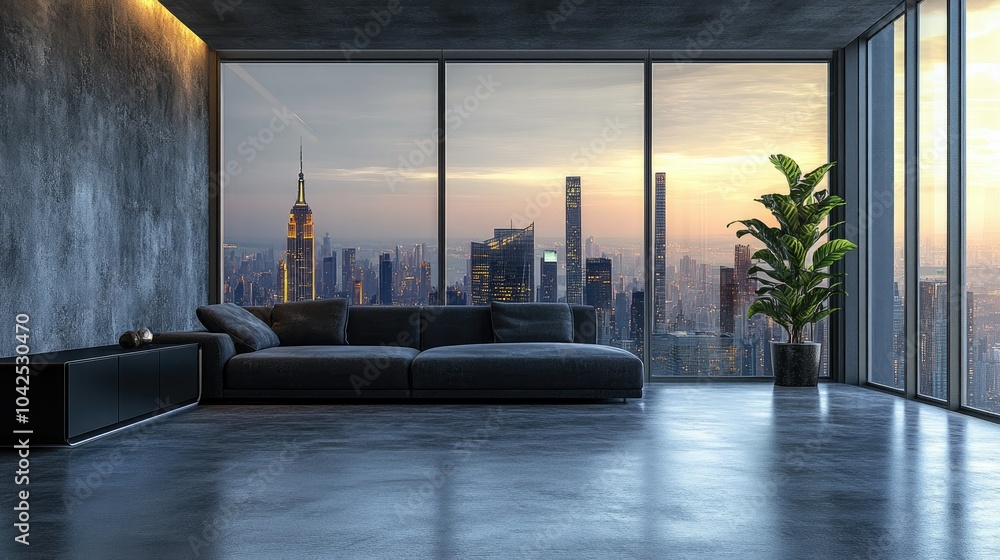 Poster corner view of a luxurious living room interior featuring a sofa and a black sideboard relaxation ar