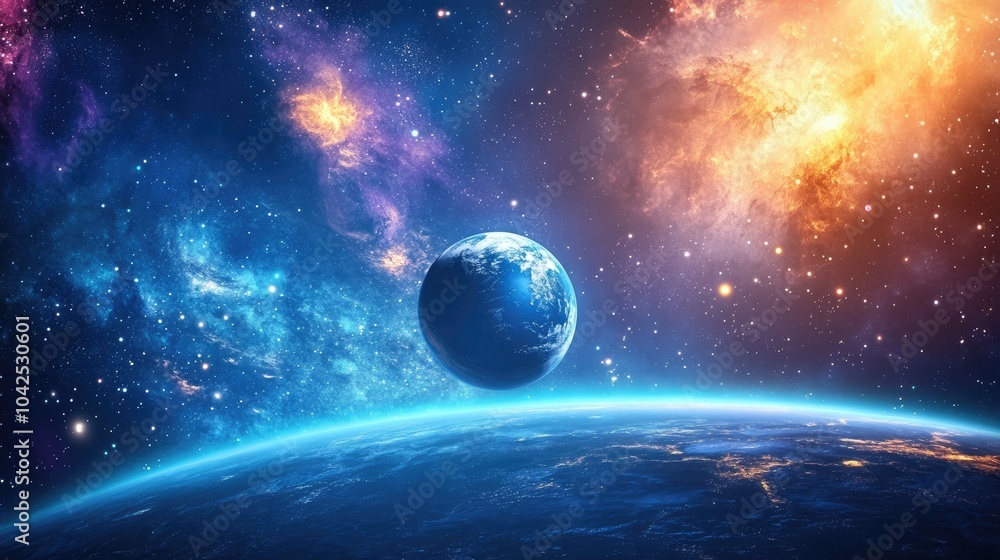 Poster colorful 3d cartoon rendering of earth in space with a blue gradient depicting the solar system and 