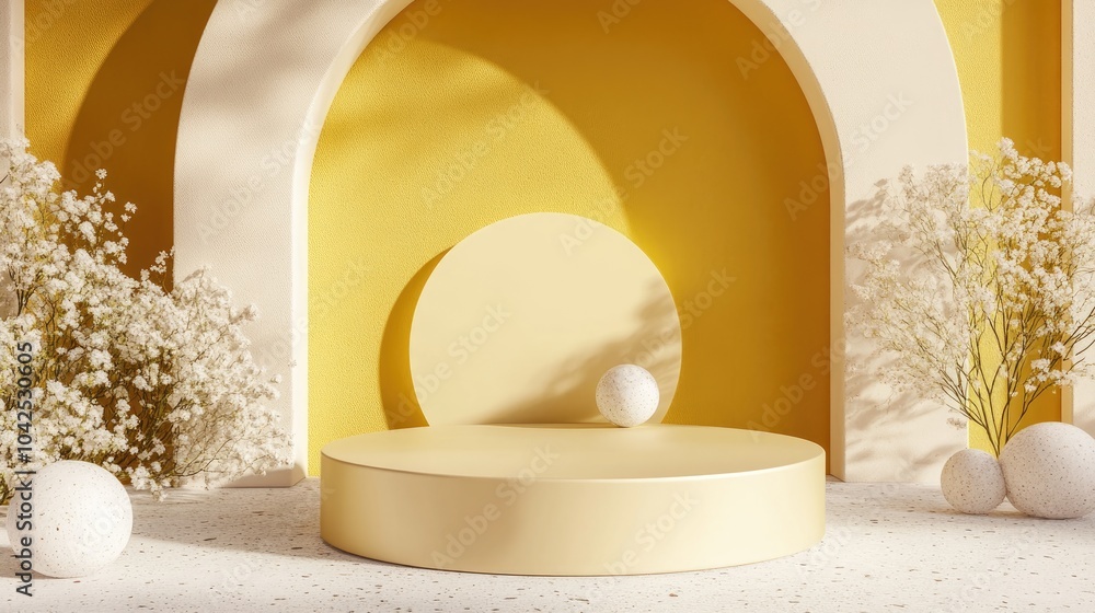 Poster yellow podium for mock up presentation in minimalistic style with ample copy space 3d rendered abstr