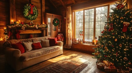 Cozy holiday living room with a Christmas tree and festive decorations.
