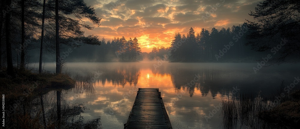 Poster a wooden dock extending into a misty lake at sunset with silhouetted trees in the background.