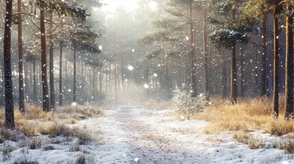 Fototapeta premium Serene Snowy Forest with Tall Trees and Gentle Snowfall