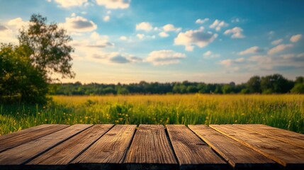 Scenic Wooden Plank Table with Nature Background