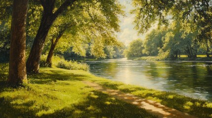Fototapeta premium Oil painting depicting a serene green park beside a tranquil river illuminated by sunlight