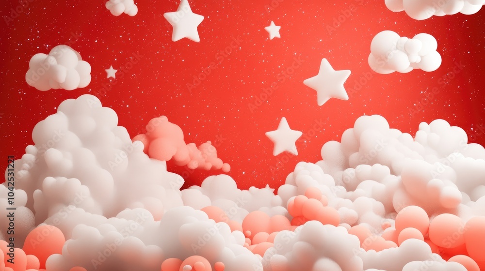 Poster abstract background featuring clouds and stars in red and white designed as a 3d cartoon rendering t