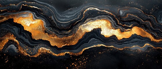 Fototapeta premium Abstract Black and Gold Swirling Marble Pattern with Glitter