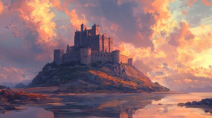 Obraz premium A majestic stone castle sits atop a rocky hill overlooking a calm body of water, bathed in the warm glow of a sunset.