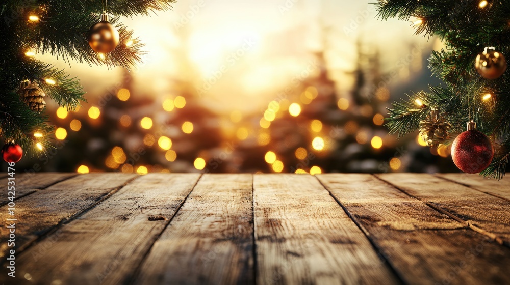 Poster glittering 3d rendering of a christmas holiday background featuring an empty wooden table in the for