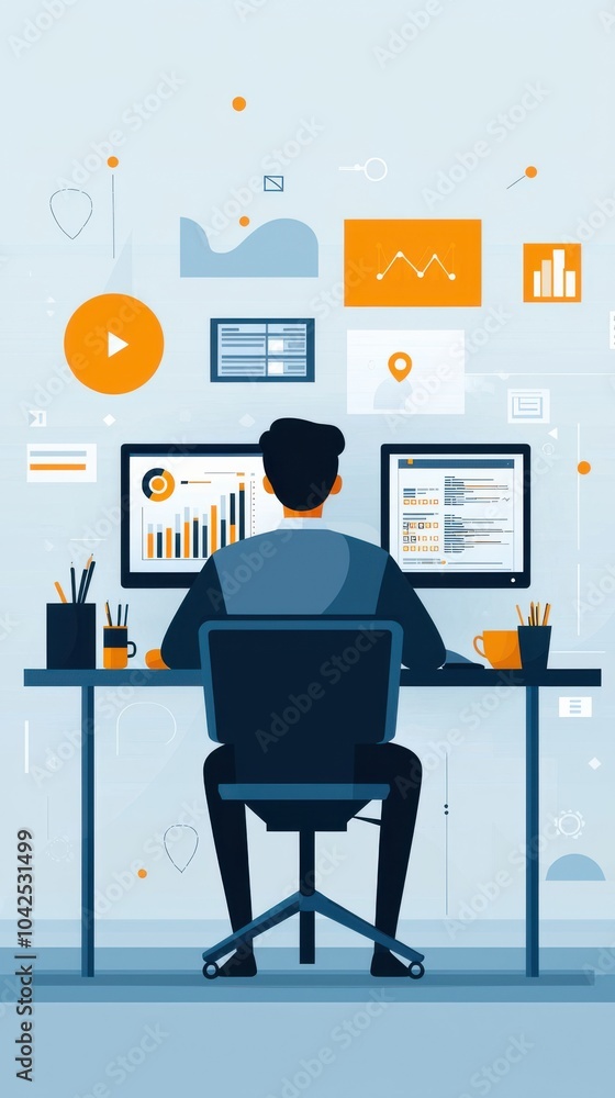 Poster man working from home in a compact workspace