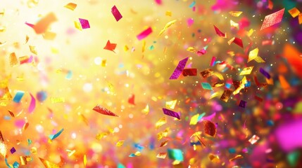 A vibrant celebration featuring soaring neon confetti against a shimmering golden backdrop