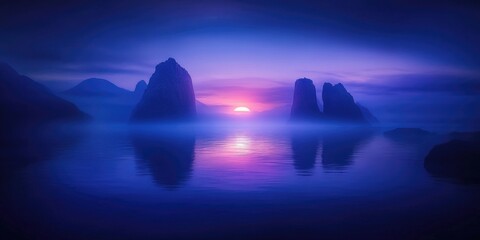 Fototapeta premium Sunset over a tranquil bay with dramatic rock formations and reflections on the water surface, Serene sunset over a calm bay with striking rock formations and water reflections