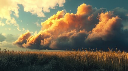 Dramatic clouds above a wheat field created through 3D rendering