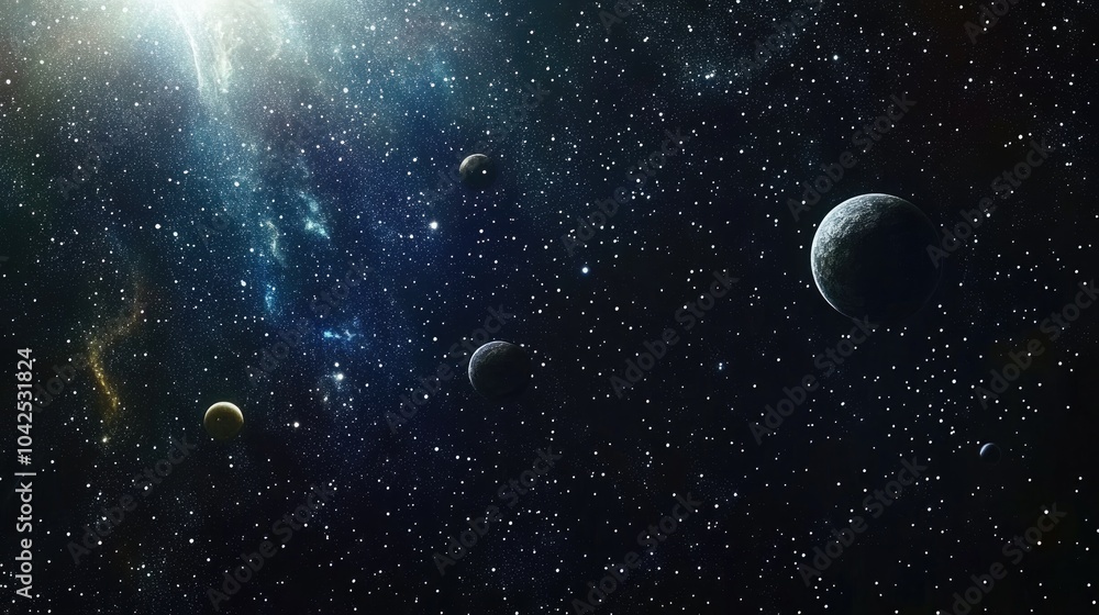 Poster 2d illustration featuring a realistic star pattern set in deep interstellar space with stars planets