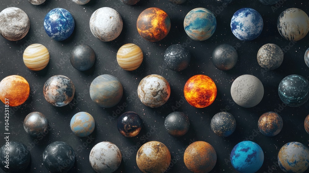 Poster abstract planets depicted in a 3d cartoon rendering against a space texture