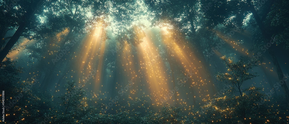 Poster sunbeams illuminating a foggy forest with fireflies