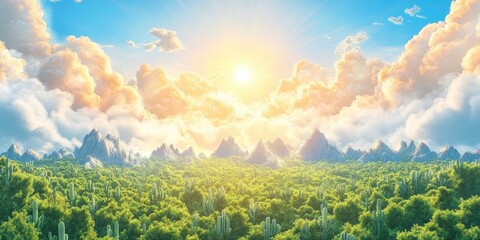 Obraz premium Vast cactus landscape under a cloudy sky, Expansive cactus field beneath a cloudy sky