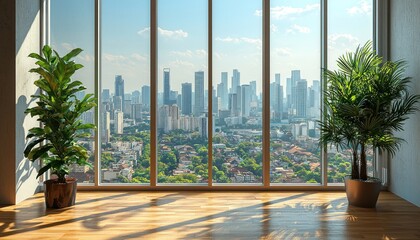 Fototapeta premium Large Window with City View and Two Potted Plants