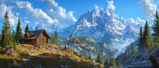 Scenic mountain landscape with a cozy cabin surrounded by trees and majestic peaks.