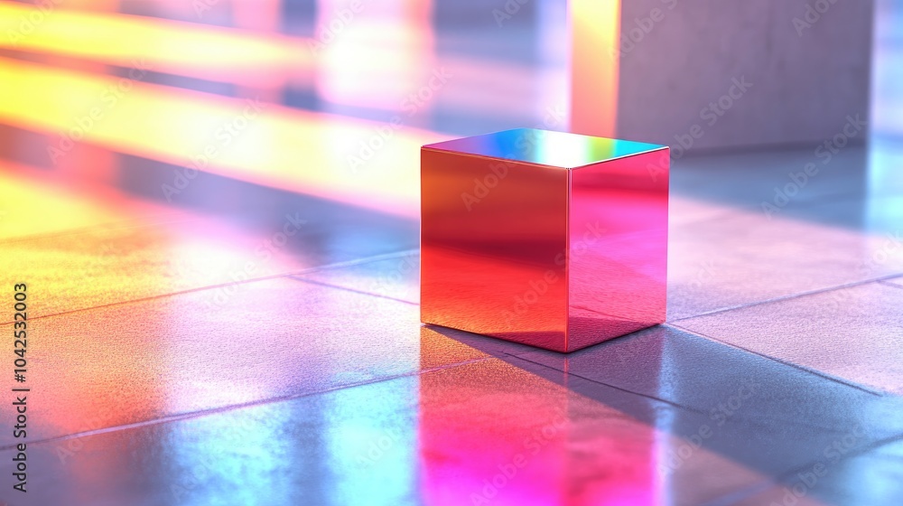 Aufkleber red cube with blurred white background holographic color pattern modern neon reflective glass and lu