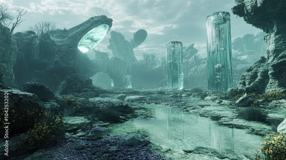 Poster 3d render of a futuristic sci fi landscape depicting a post apocalyptic scene with an abstract alien