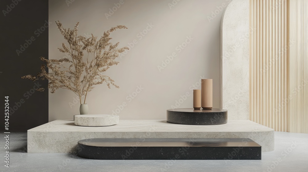 Poster display pedestal design platform and empty product stand in 3d rendering